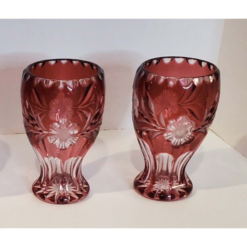 Nachtmann Bleikristall Cut Cranberry Crystal Glass Goblets / Vases (2) Rare VTG